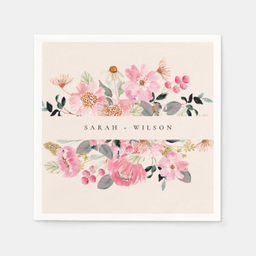 Rustic Lively Blush Pink Watercolor Floral Wedding Napkins