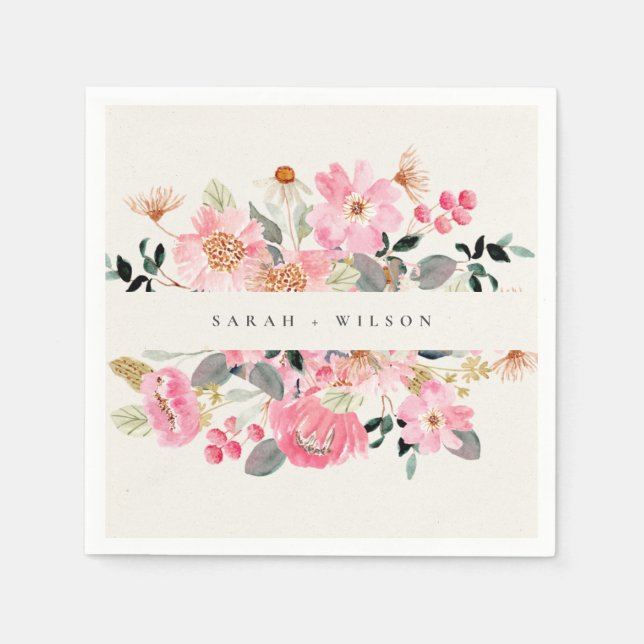 Rustic Lively Blush Pink Watercolor Floral Wedding Napkins (Front)
