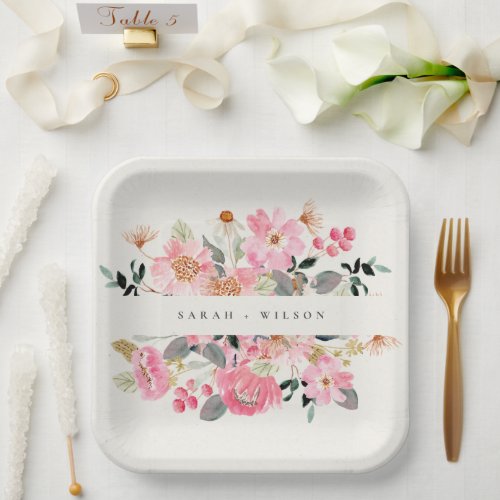 Rustic Lively Blush Pink Watercolor Floral Wedding Paper Plates