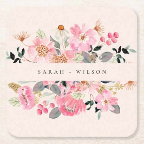 Rustic Lively Blush Pink Watercolor Floral Wedding Square Paper Coaster