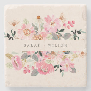 Rustic Lively Blush Pink Watercolor Floral Wedding Stone Coaster