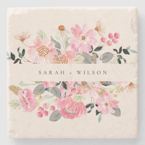 Rustic Lively Blush Pink Watercolor Floral Wedding Stone Coaster