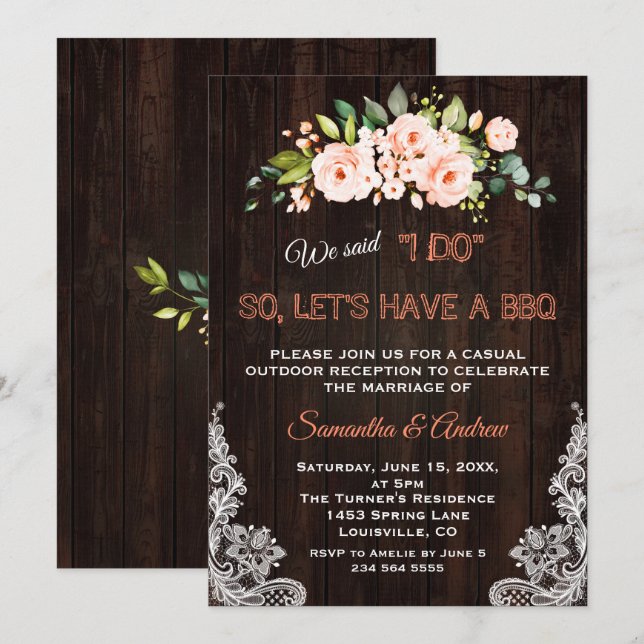 Rustic Living Coral Flowers Lace I DO BBQ Invitation (Front/Back)