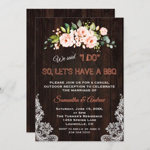 Rustic Living Coral Flowers Lace I DO BBQ Invitation