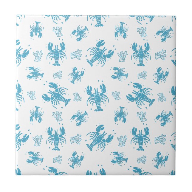 Rustic Lobster Nautical Block Print Pattern Ceramic Tile (Front)