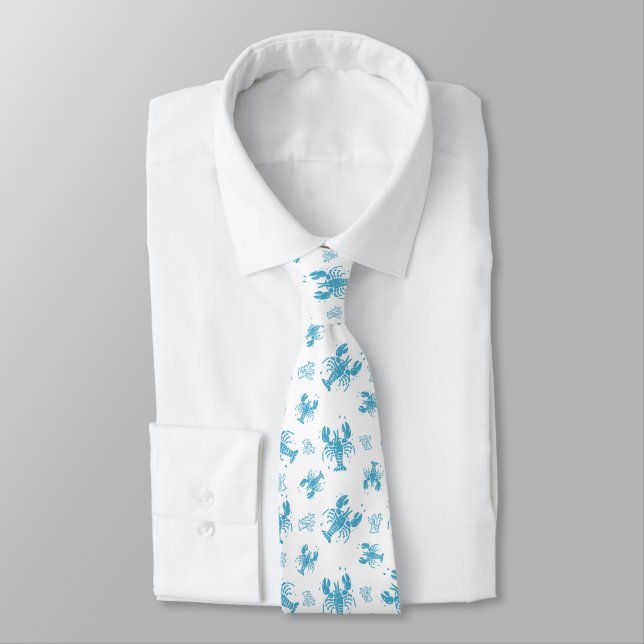 Rustic Lobster Nautical Block Print Pattern Neck Tie (Tied)