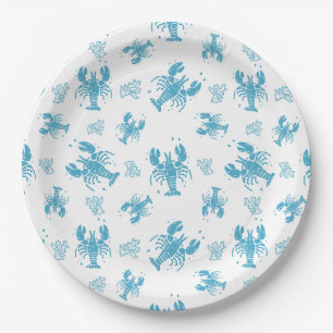 Rustic Lobster Nautical Block Print Pattern Paper Plates