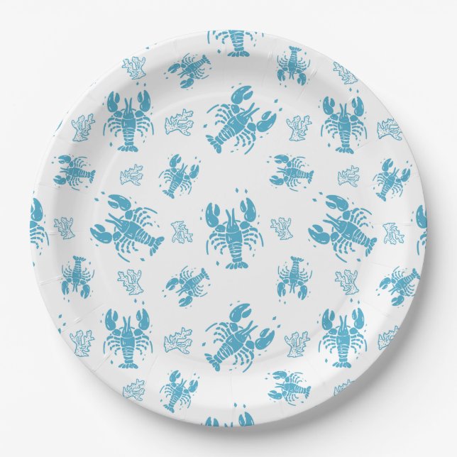 Rustic Lobster Nautical Block Print Pattern Paper Plates (Front)