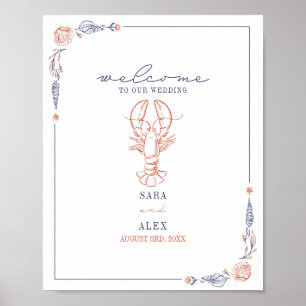 Rustic Lobster Red & Blue Beach Wedding Welcome Poster