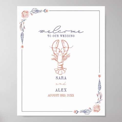 Rustic Lobster Red  Blue Beach Wedding Welcome Poster