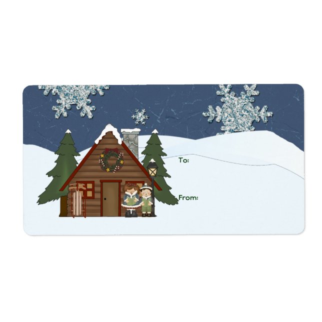Rustic Lodge Country Cabin Christmas at Night Label (Front)