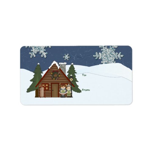 Rustic Lodge Country Cabin Christmas at Night Label