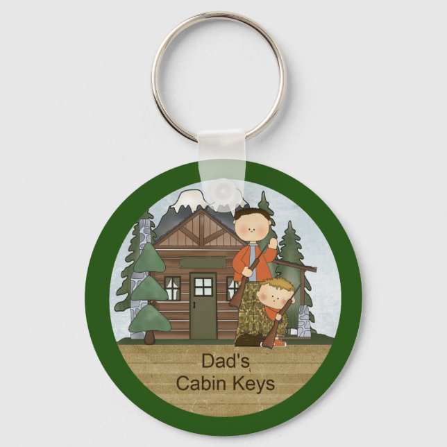 Rustic Lodge Hunting Dad and Boy at Cabin Custom Keychain (Front)
