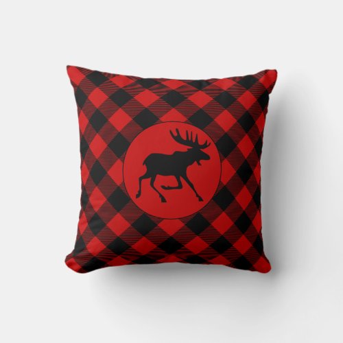 Rustic Lodge Moose and Buffalo Plaid Pattern Throw Pillow