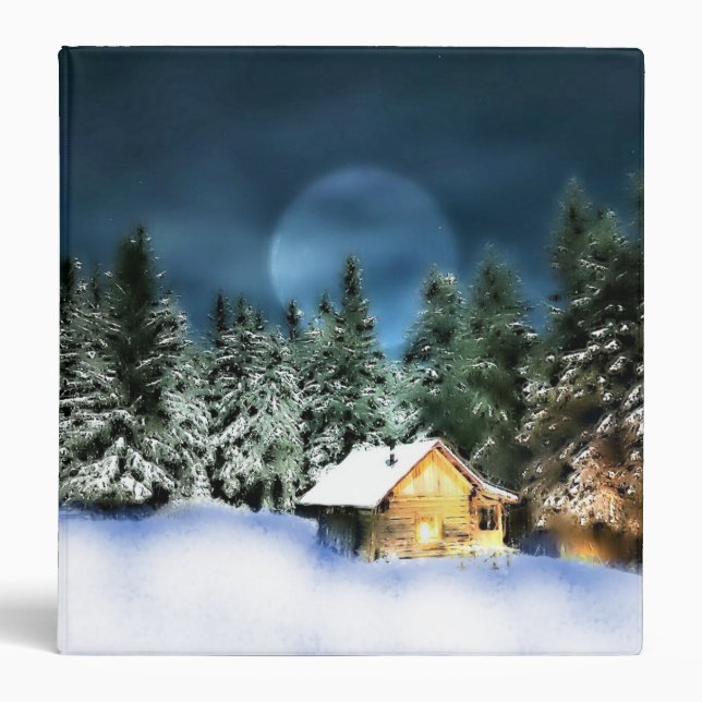 Rustic Log Cabin Full Moon 3 Ring Binder (Front)