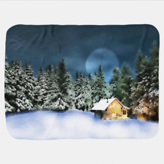 Rustic Log Cabin Full Moon Baby Blanket (Horizontal)