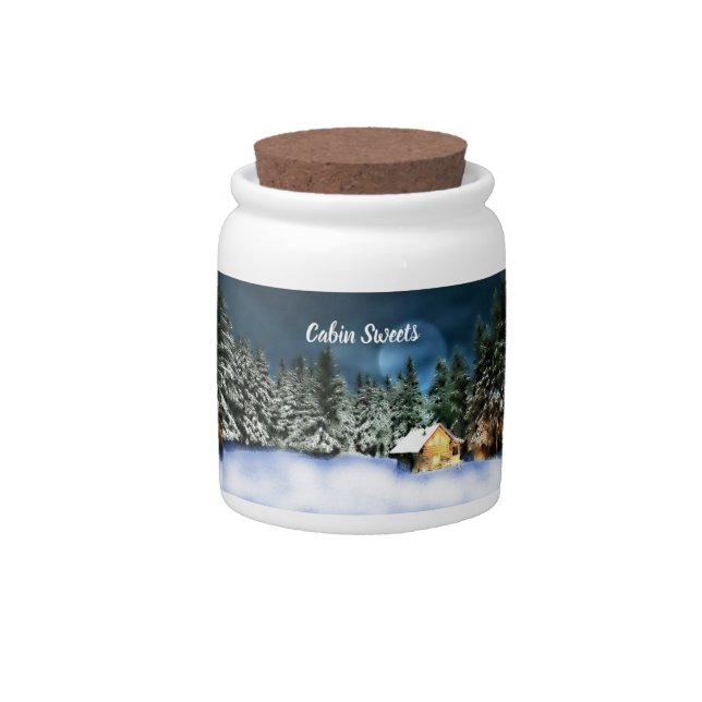 Rustic Log Cabin Full Moon Candy Jar (Front)