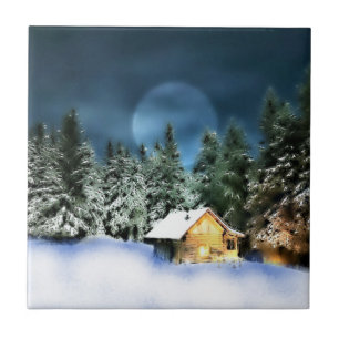 Rustic Log Cabin Full Moon Ceramic Tile