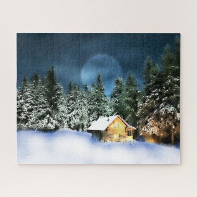 Rustic Log Cabin Full Moon Jigsaw Puzzle (Horizontal)