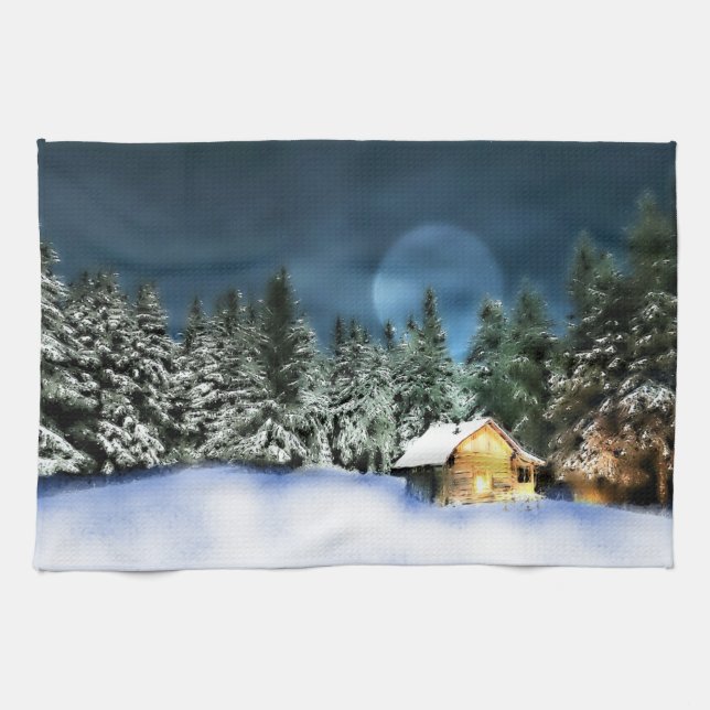 Rustic Log Cabin Full Moon Kitchen Towel (Horizontal)