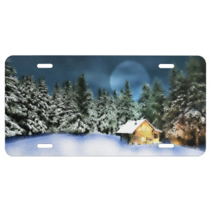 Rustic Log Cabin Full Moon License Plate