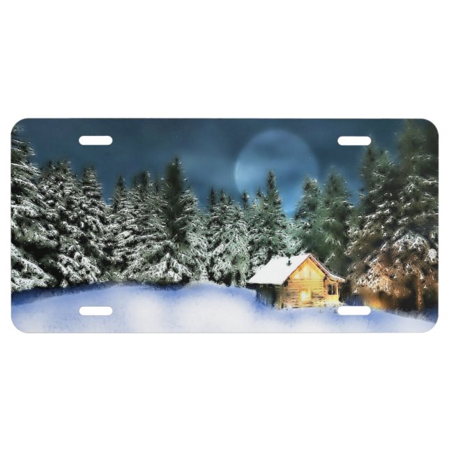 Rustic Log Cabin Full Moon License Plate (Front)