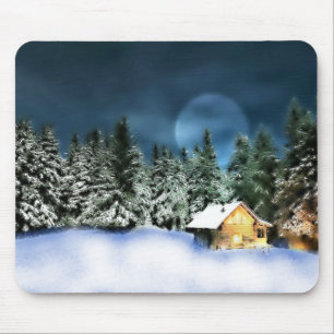 Rustic Log Cabin Full Moon Mouse Pad