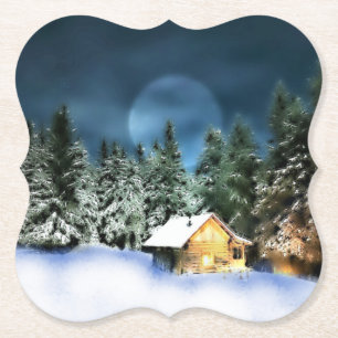Rustic Log Cabin Full Moon Paper Coaster