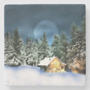 Rustic Log Cabin Full Moon Stone Coaster