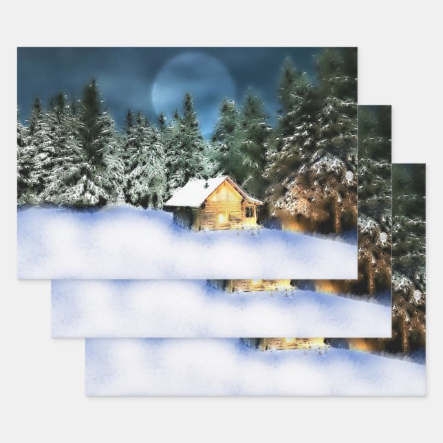 Rustic Log Cabin Full Moon Wrapping Paper Sheets (Set)