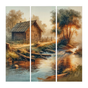 Rustic Log Cabin In Golden Morning Mist Triptych