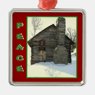 RUSTIC LOG CABIN IN SNOW METAL ORNAMENT