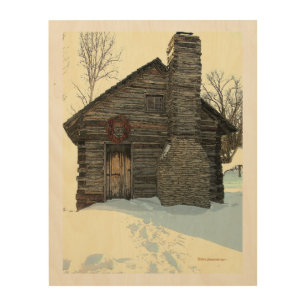 "RUSTIC LOG CABIN IN SNOW" (PHOTOG./DIG. MANIP.) WOOD WALL ART
