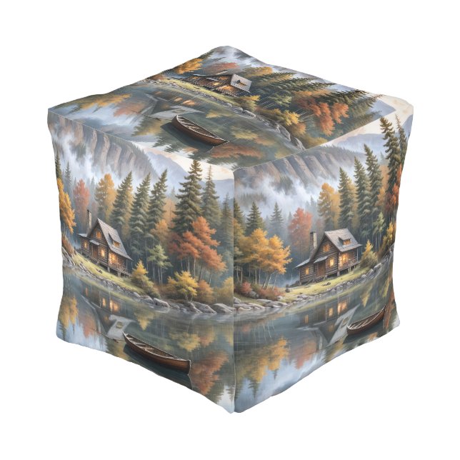 Rustic Log Cabin In the Mountains  Pouf (Angled Front)