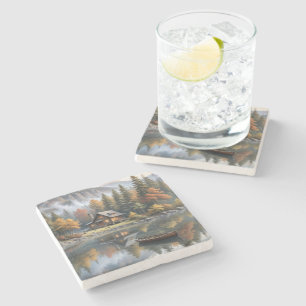 Rustic Log Cabin In the Mountains Stone Coaster