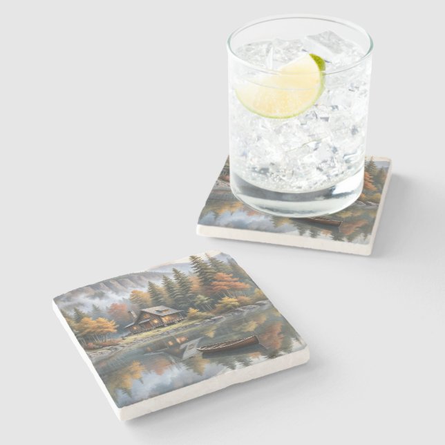 Rustic Log Cabin In the Mountains  Stone Coaster (Side)