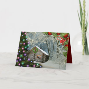Rustic Log Cabin In The Wilderness Christmas Holiday Card
