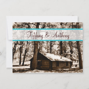 Rustic Log Cabin in Woods Teal Wedding Invitations