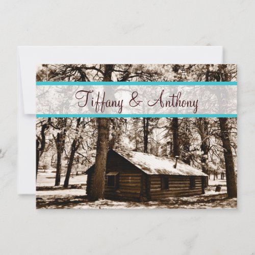 Rustic Log Cabin in Woods Teal Wedding Invitations