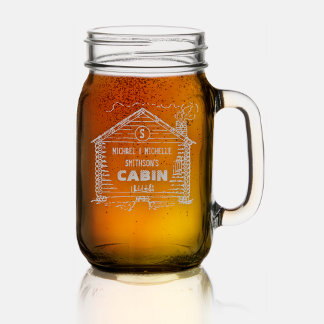 Rustic Log Cabin Lodge Home Personalized Name Mason Jar W/ Handle