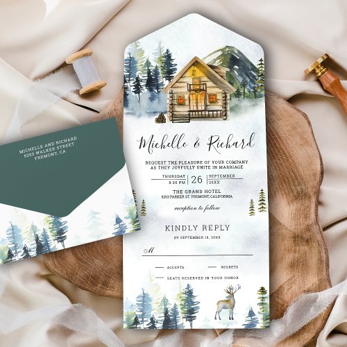 Rustic Log Cabin Lodge Mountain Forest Fog Wedding All In One Invitation