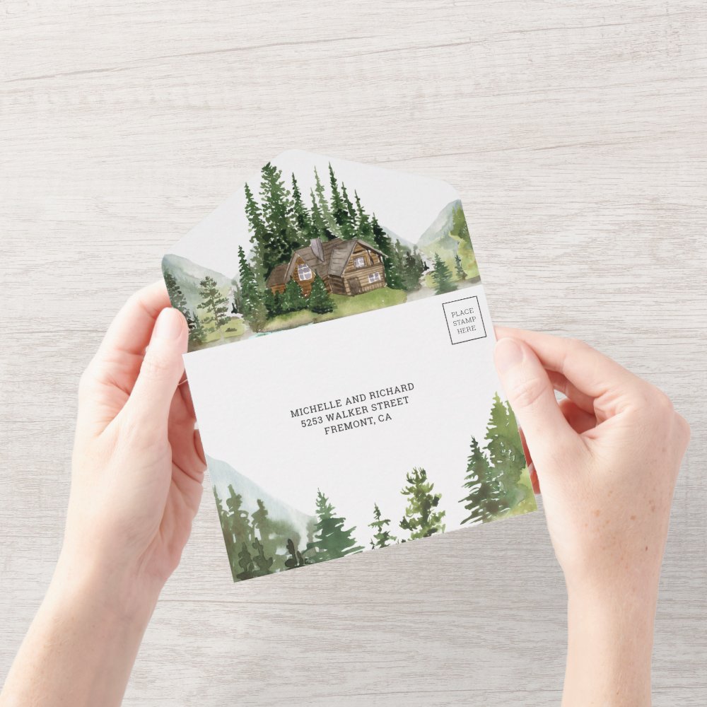 Discover Rustic Log Cabin Mountain Forest Lake Wedding All In One Invitation