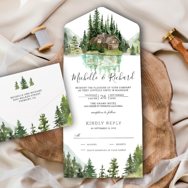 Rustic Log Cabin Mountain Forest Lake Wedding All In One Invitation (Creator Uploaded)
