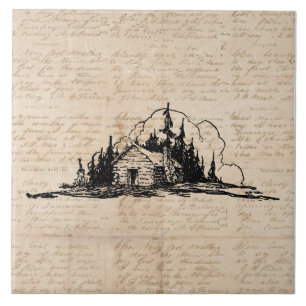 Rustic Log Cabin Nature Forest Art Vintage Script Ceramic Tile