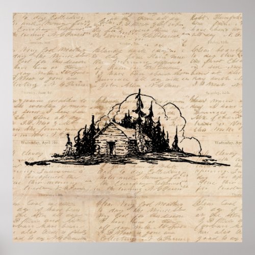 Rustic Log Cabin Nature Forest Art Vintage Script Poster