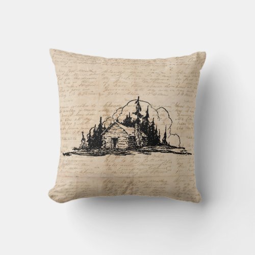 Rustic Log Cabin Nature Forest Art Vintage Script Throw Pillow