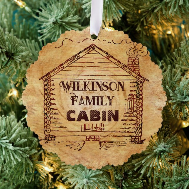 Rustic Log Cabin Personalized Family Name Ornament Card (Insitu (Tree))