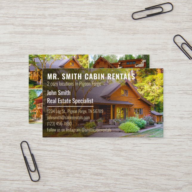 Rustic Log Cabin Rental Photo Business Card (Front/Back In Situ)