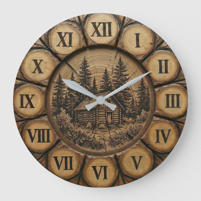 Rustic Log Cabin Wall Clock | Wood-Look Forest (Front)