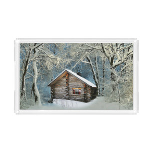 Rustic Log Cabin Winter Magic Acrylic Tray